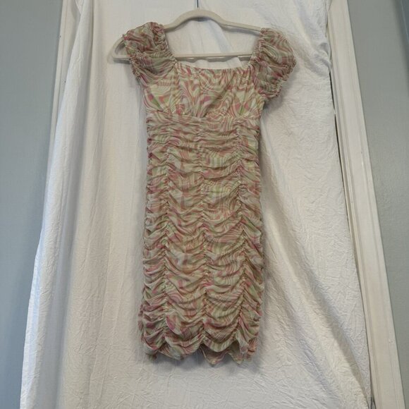 Madden NYC Bodycon Dress XS Ruched Pink Green Swirl Y2K Milkmaid Sheer Mesh Sexy - Picture 11 of 14